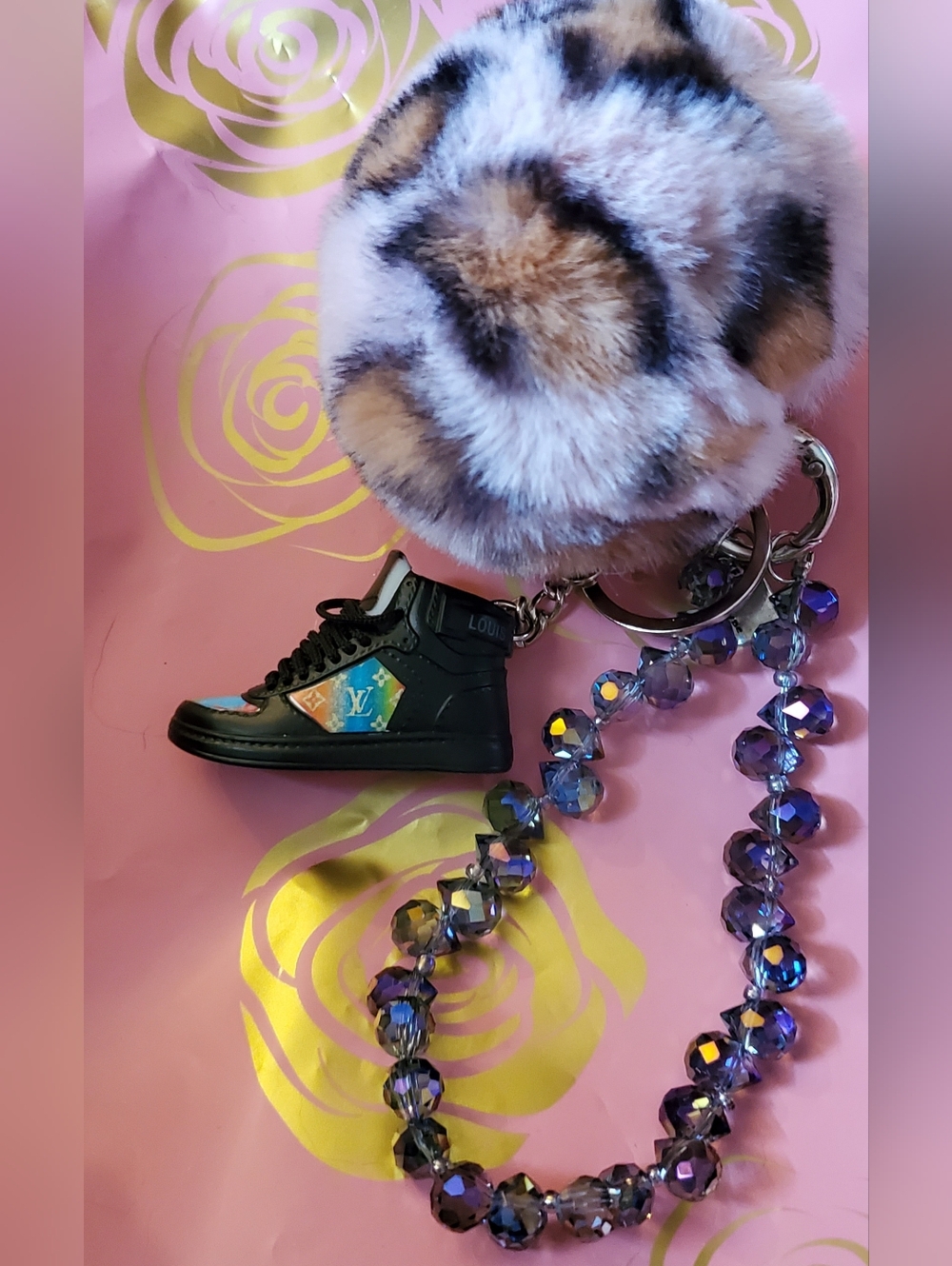 Sneaker Bag Charm,Pink Leopard Pom-pom,and A Beautiful Sparkling Crystal Strap